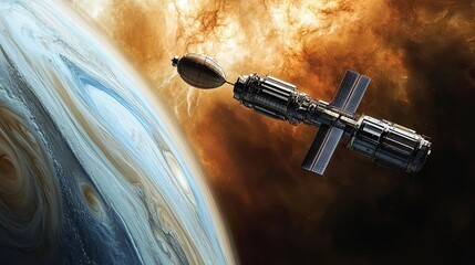 Wall Mural - a futuristic spaceship with solar panels orbiting a gas giant planet.