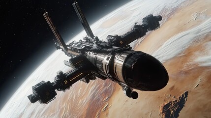 Wall Mural - futuristic spaceship orbiting a distant planet
