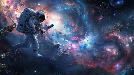Wall Mural - astronaut floating in space with nebula and stars