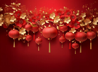 Wall Mural - Red and gold lanterns hang from a blooming branch against a red background.