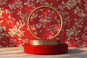 Wall Mural - Chinese New Year red modern style one podium product showcase with golden ring frame and China pattern background. with generative ai