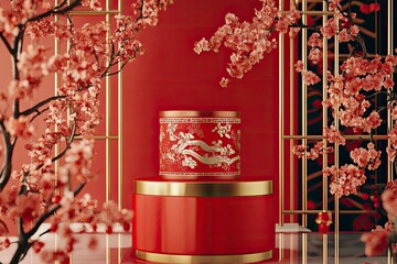 Wall Mural - Chinese New Year red modern style one podium product showcase with golden ring frame and China pattern background. with generative ai