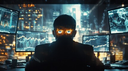 Poster - stock trader sitting at a desk with multiple screens, abstract stock graphs reflected in their eyes,