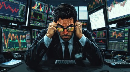 Poster - stock trader sitting at a desk with multiple screens, abstract stock graphs reflected in their eyes,