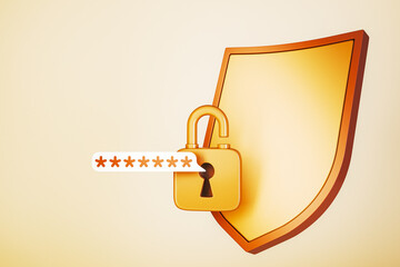 Aufkleber - Golden lock and shield icon with password asterisks, symbolizing cybersecurity and data protection on a beige background. 3D Rendering