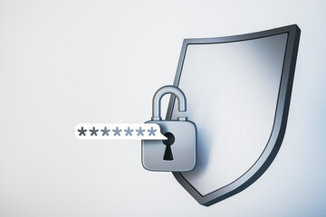 Aufkleber - Lock and shield icon representing cybersecurity with password input on white background. Symbolizing online protection and data safety. 3D Rendering