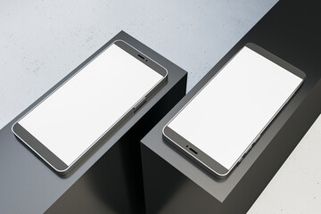 Poster - Two modern smartphones with blank screens placed on geometric platforms. 3D Rendering