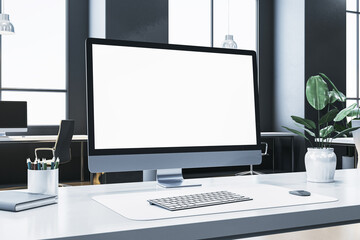 Poster - Modern office desk with computer screen mockup, keyboard, mouse, and plant on a clean workspace in a bright interior. 3D Rendering