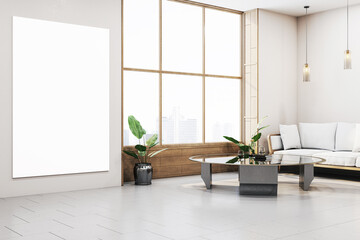 Poster - Modern living room interior with large window and blank vertical canvas on wall for mockup. 3D Rendering