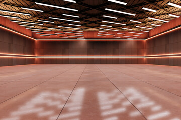Poster - Modern Empty Hall with Geometric Ceiling Design. 3D Rendering