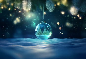 Canvas Print - a glass christmas ornament hangs from a pine branch, showcasing a miniature snowy forest scene insid