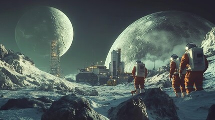 Wall Mural - two astronauts explore a lunar outpost with two moons in the sky