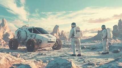 Wall Mural - two astronauts stand before a futuristic lunar vehicle in a rocky desert landscape