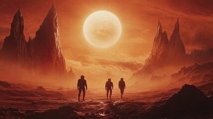 Wall Mural - three astronauts walking on a red alien planet with a large sun in the sky