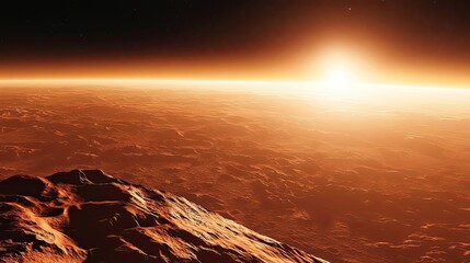 Wall Mural - martian landscape with sunrise and rocky outcrop