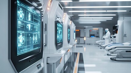 Poster - Futuristic Medical Pods with Screens Displaying Patient Data
