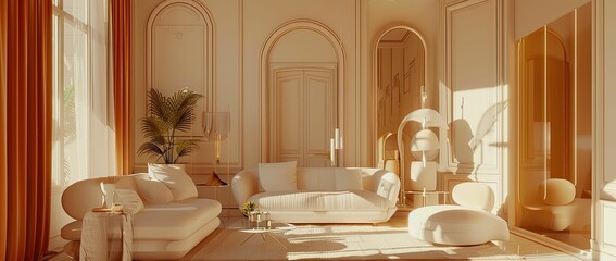 Wall Mural - Modern living room with white furniture and gold accents.