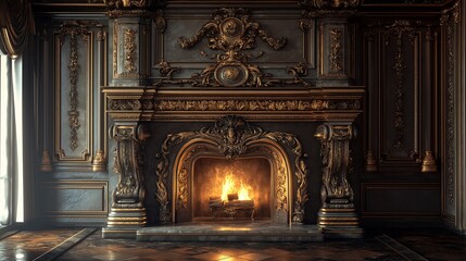 Poster - Fireplace with Carved Mantel and Golden Details