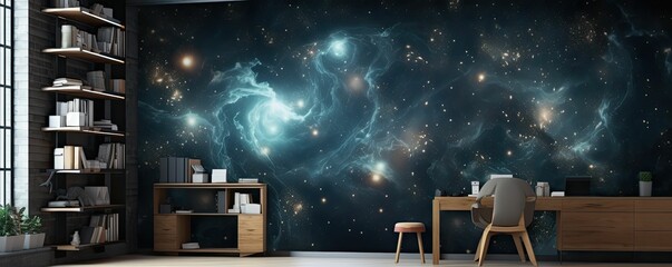 Wall Mural - A desk with a galaxy themed wallpaper.