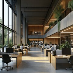 Wall Mural - Modern Open-Plan Office with Employees Working at Desks