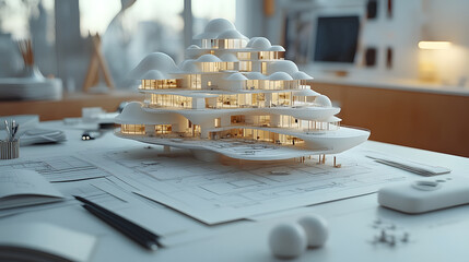 Fototapete - A detailed architectural model sits on a workspace, surrounded by design tools, showcasing innovative, multi-level structures and bright lighting.