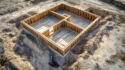 Poster - Aerial view of a building foundation made of wooden frames, outlining separate rooms, ready for further construction.