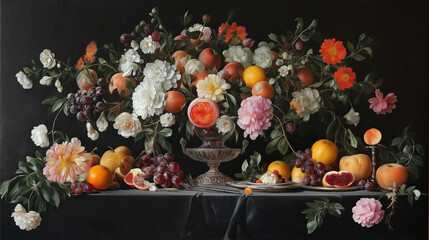 Poster - Dark Still Life with Fruit, Flowers, and Silverware