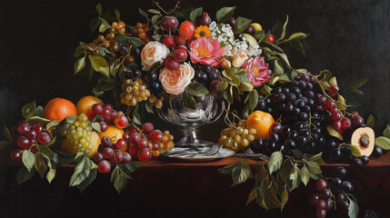 Poster - Dark Still Life with Fruit, Flowers, and Silverware