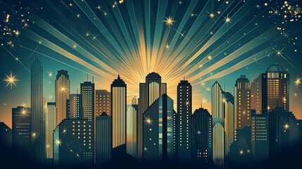 Poster - Deco Skyline with Starburst and Linear Patterns