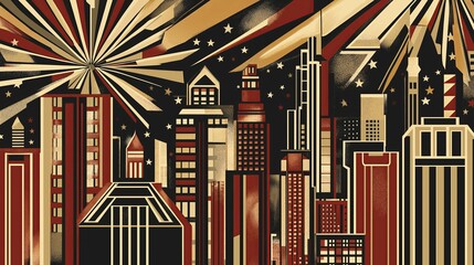 Poster - Deco Skyline with Starburst and Linear Patterns