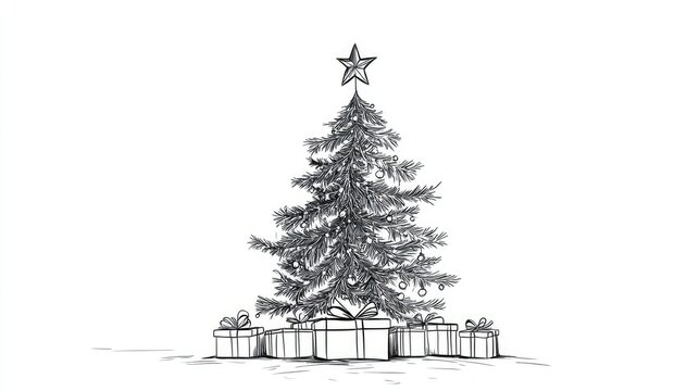 Minimalist line art of a decorated Christmas tree with presents underneath