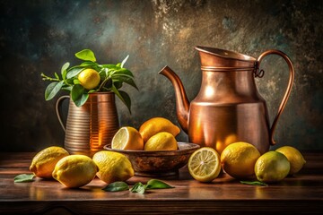 Canvas Print - Elegant Still Life Composition Featuring Fresh Lemons and a Polished Copper Jug, Showcasing the Beauty of Natural Elements in Artful Arrangement for Kitchen Decor and Culinary Inspiration