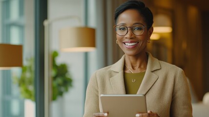 Poster - A woman wearing glasses and a brown jacket is holding a tablet