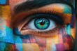 © kardaska - Woman with colorful body art and striking blue eye reflecting cityscape