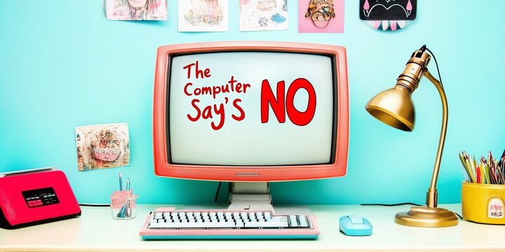 Retro Computer on Desk with Computers says NO Displayed on Vintage Monitor