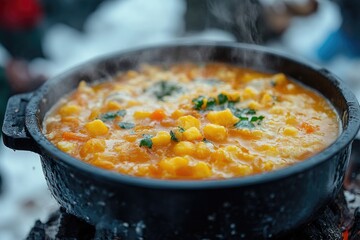 Wall Mural - Steaming hot corn chowder cooking in pot over open fire in winter