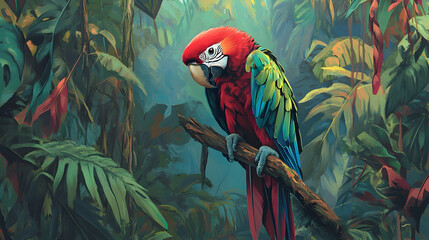 Wall Mural - A vibrant red and green macaw perched on a branch in a lush jungle setting.