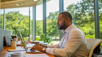 Aufkleber - A man is typing on a laptop in front of a window