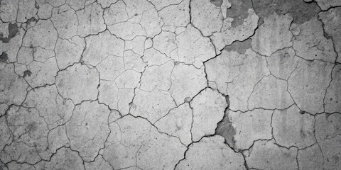 A weathered and cracked concrete surface with a network of fissures, revealing the underlying texture and history of the material.