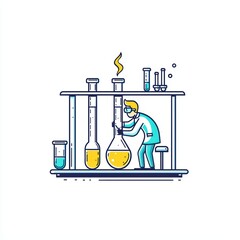 Poster - scientist in a laboratory conducting experiments with colorful liquids and glassware.