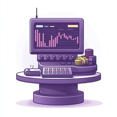 Poster - Stylized trading desk with a monitor displaying financial data, surrounded by stacks of coins.