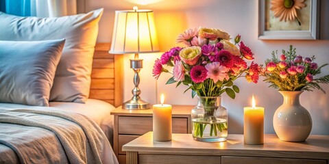 Wall Mural - Serene Bedroom Setting Featuring a Vase of Colorful Flowers and Flickering Candles on a Bedside Table with Ample Copy Space for Personal Touches