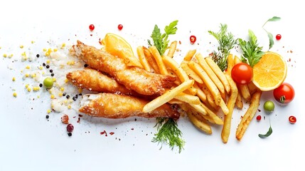 Fish and chips with golden fries on white background