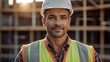 © boscorelli - Confident construction worker wearing a hard hat and safety vest on a sunny day at a building site. Generative AI