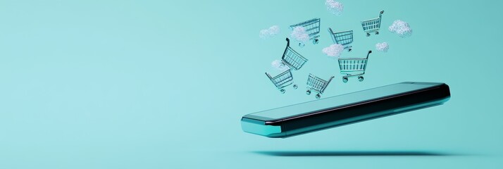 Poster - Shopping carts floating on clouds are emerging from a smartphone, representing the concept of online shopping, e commerce, and easy online payment with fast delivery