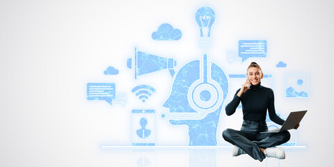 Poster - Woman sitting cross-legged with laptop and phone, surrounded by digital technology icons on a light background.