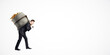 © Who is Danny - Businessman carrying large sack filled with gold coins on his back, symbolizing financial burden. Isolated on white background.