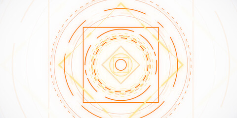Leinwandbilder - Abstract geometric pattern with concentric circles and lines in orange and yellow on a white background. 3D Rendering
