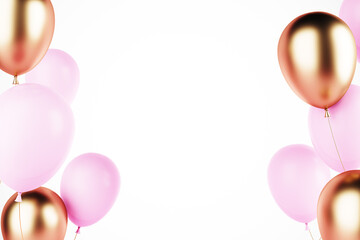 Poster - Pink and golden balloons floating on a white background. 3D Rendering