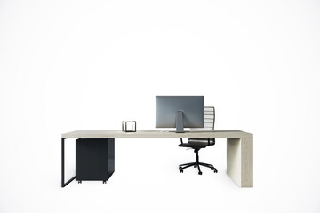 Poster - Modern office desk setup with a computer and chair on a white background. Minimalistic, clean design and organization. 3D Rendering